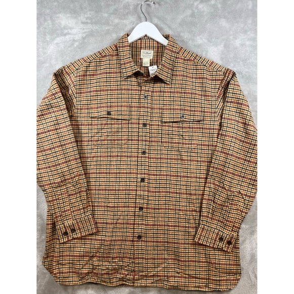LL Bean Chamois Shirt Plaid Mens XXL Regular Fit Cotton Barley Brown Outdoor New - Picture 2 of 8